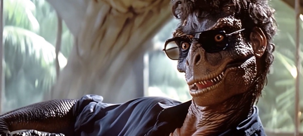 Screen capture of a AI-generated Jurassic Park version, in which all characters are dinosaurs. This image shows Dr. Ian Malcolm as a dinosaur.