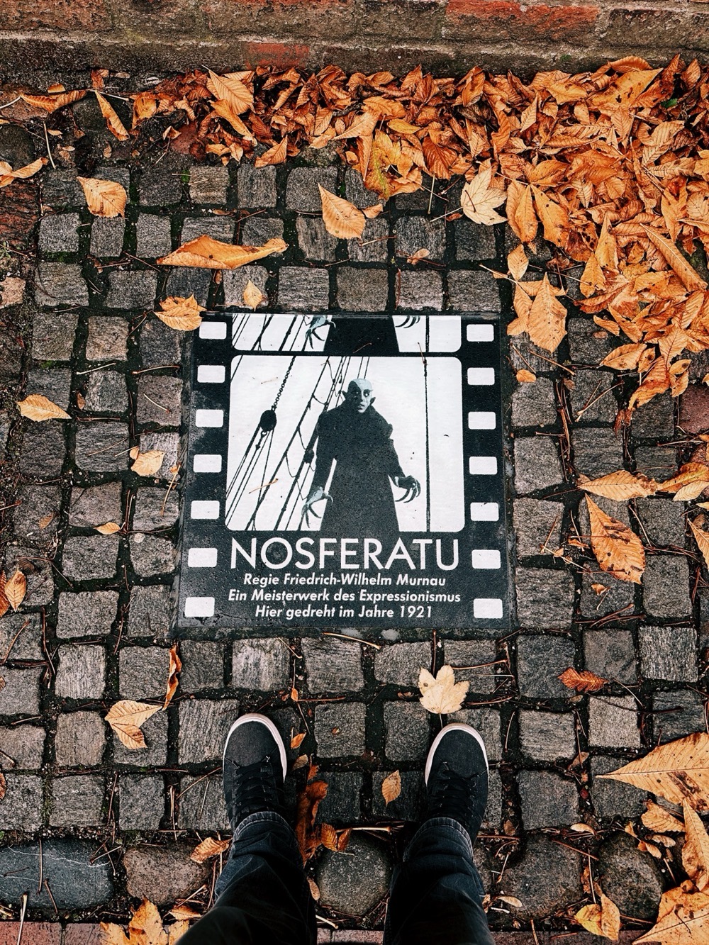 Gedenktafel in Wismar mit dem Text 'NOSFERATU /  Regie Friedrich-Wilhelm Murnau / Ein Meisterwerk des Expressionismus / Hier gedreht im Jahre 1921'