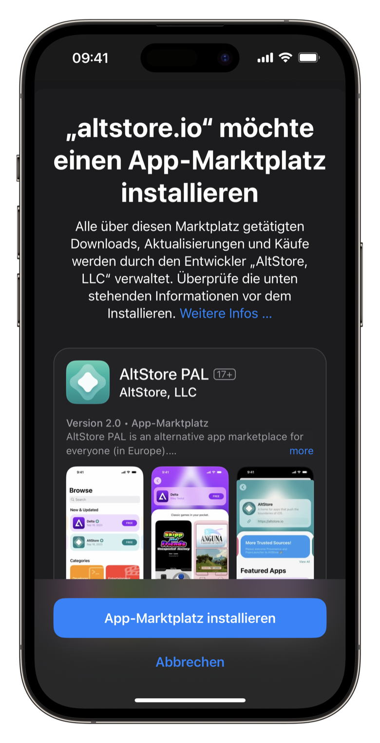 Screenshot des iOS-Dialogs zum Installieren eines alternativen App Stores. Hier: AltStore PAL.
