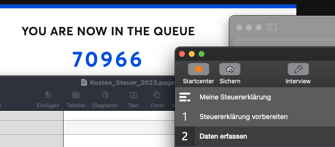 Screenshot von mehreren Fenstern in macOS, die ein Browser-Fenster mit der Ticketmaster-Wartenummer und Steuer-Dokumente zeigen.