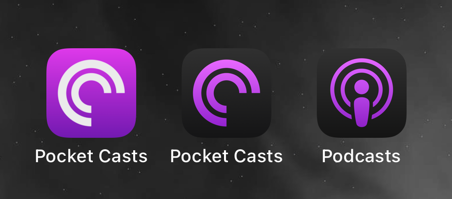 The image displays three app icons: two for “Pocket Casts” in purple and black themes, and one for “Podcasts” with a purple circular design.