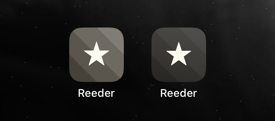 The image shows two app icons for “Reeder”, both featuring a star on a dark, striped background, but with slightly different shades.