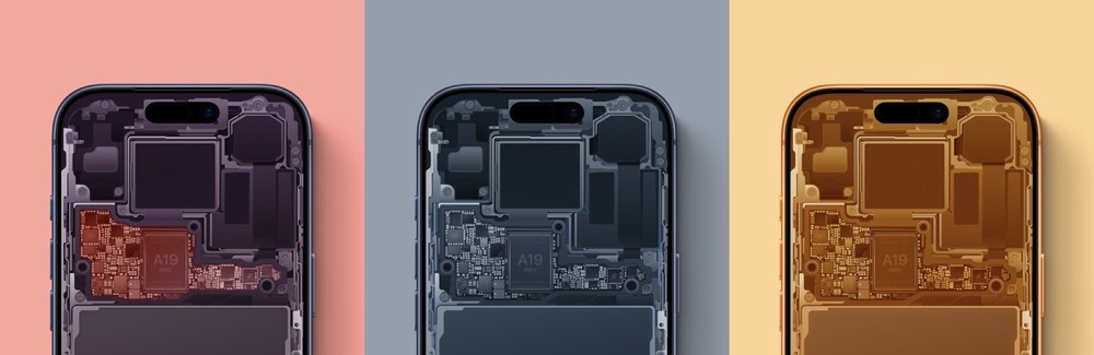 Drei nebeneinander angeordnete iPhones in einer Röntgen- oder Teardown-Ansicht, jeweils vor unterschiedlich farbigen Hintergründen. Die Geräte zeigen ihre internen Komponenten wie Chip, Leiterplatten und Module; links rötlich getönt, in der Mitte grau-blau und rechts warm orangefarben