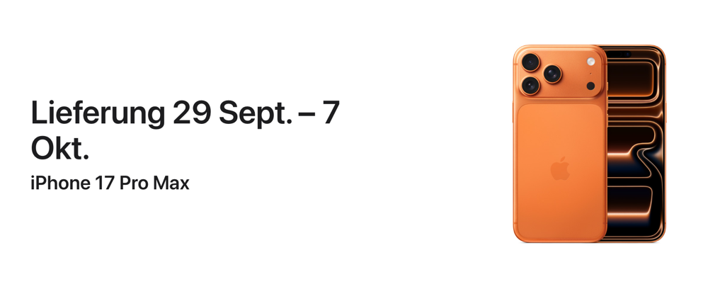 Screenshot von der Apple Store Website: Lieferung eines iPhone 17 Pro Max in orange zwischen dem 29. Oktober und 7. Oktober.