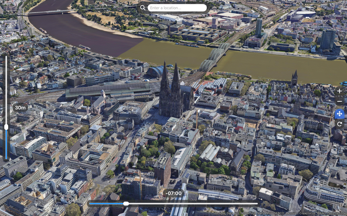 3D-Ansicht von Köln mit Blick auf den Kölner Dom, den Hauptbahnhof und die Hohenzollernbrücke über den Rhein. Der Meeresspiegel steigt. Ab 50m stehen die ersten Straßenzüge unter Wasser, ab 65m alle, ab 90m erkennt man nur noch den Dom.