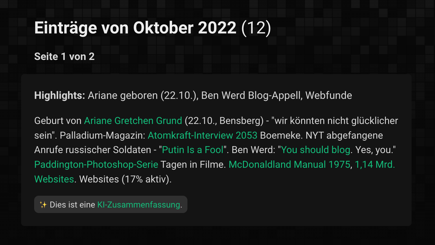 Screenshot eines Blog-Monatsarchivs („Einträge von Oktober 2022 (12)
