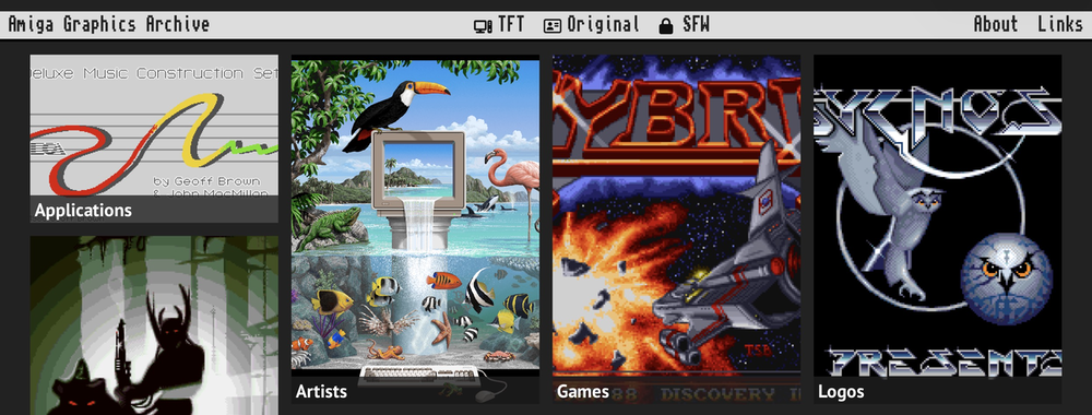 Screenshot der Website „Amiga Graphics Archive“ mit grauer Top-Navigation und vier nebeneinander angeordneten Kacheln. Zu sehen sind die Bereiche „Applications“, „Artists“, „Games“ und „Logos“, jeweils mit farbigen Retro-Pixelgrafiken bzw. Amiga-Grafikmotiven.