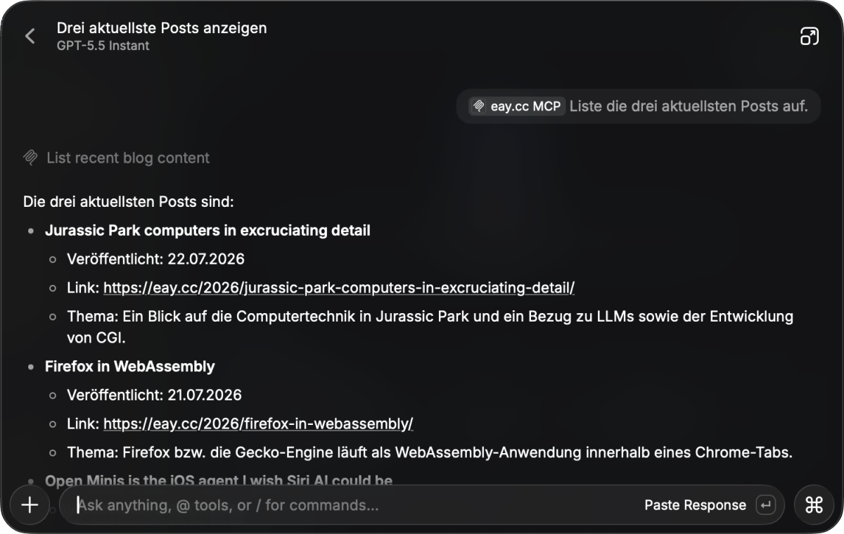 Screenshot aus der Quick-AI-View von Raycast, die den eay.cc MCP-Server aufruft.