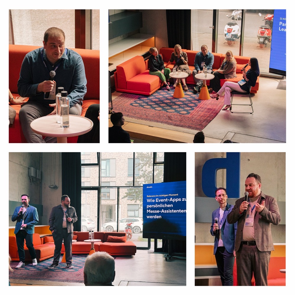 Collage aus vier Fotos vom dimedis Connect Circle 2026. Oben links sitzt Jens von der Heydt, Geschäftsführer von Hypercode, mit einem Mikrofon auf einem orangefarbenen Sofa und beteiligt sich an einer Paneldiskussion. Oben rechts ist die gesamte Gesprächsrunde mit mehreren Teilnehmenden auf der Bühne zu sehen. Unten links steht u.a. Stefan Grund, Geschäftsführer von Hypercode, auf der Bühne vor einer Präsentation mit dem Titel “Wie Event-Apps zu persönlichen Messe-Assistenten werden”. Unten rechts spricht Stefan Grund mit Mikrofon vor dem Publikum. Die Veranstaltung findet in einer modernen Eventlocation statt und thematisiert den Einsatz digitaler Event-Apps und AI-gestützter Funktionen im Messekontext.