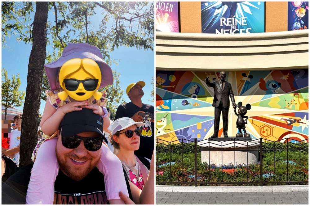 Zwei Bilder nebeneinander: Das erste ist ein Selfie von Stefan mit seiner Tochter und Kira daneben beim Parade schauen. Das zweite ist die Bronzestatue von Walt Disney und Micky Maus in der Disney Adventure World.