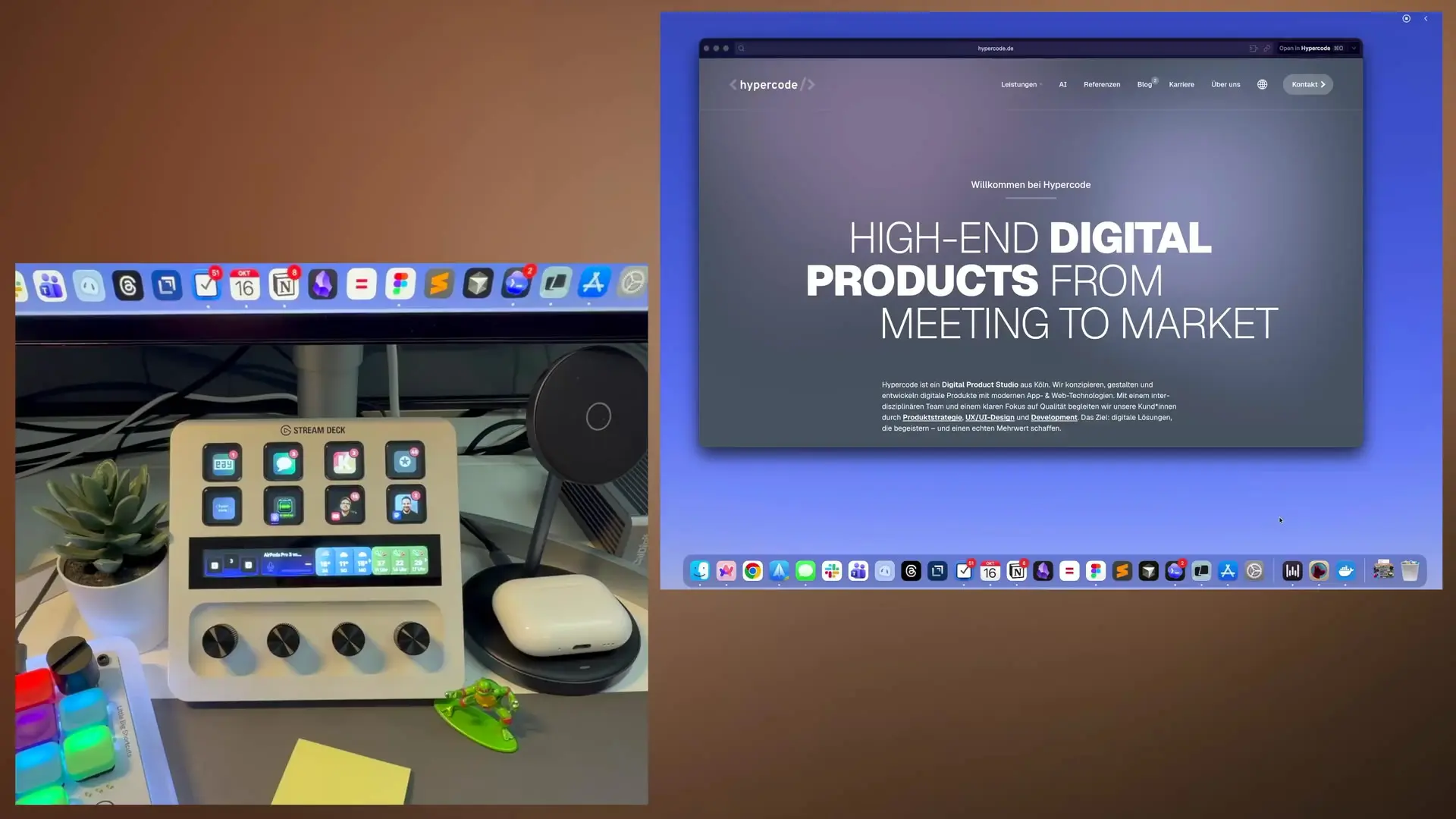 Ein Stream Deck mit Feed Key zeigt Feed-Vorschaubilder und rote Zähler für neue Beiträge. Daneben ist ein Screen Recording eines Macs zu sehen, auf dem bei Stream-Deck-Tastendruck diverse Browserfenster geöffnet werden.