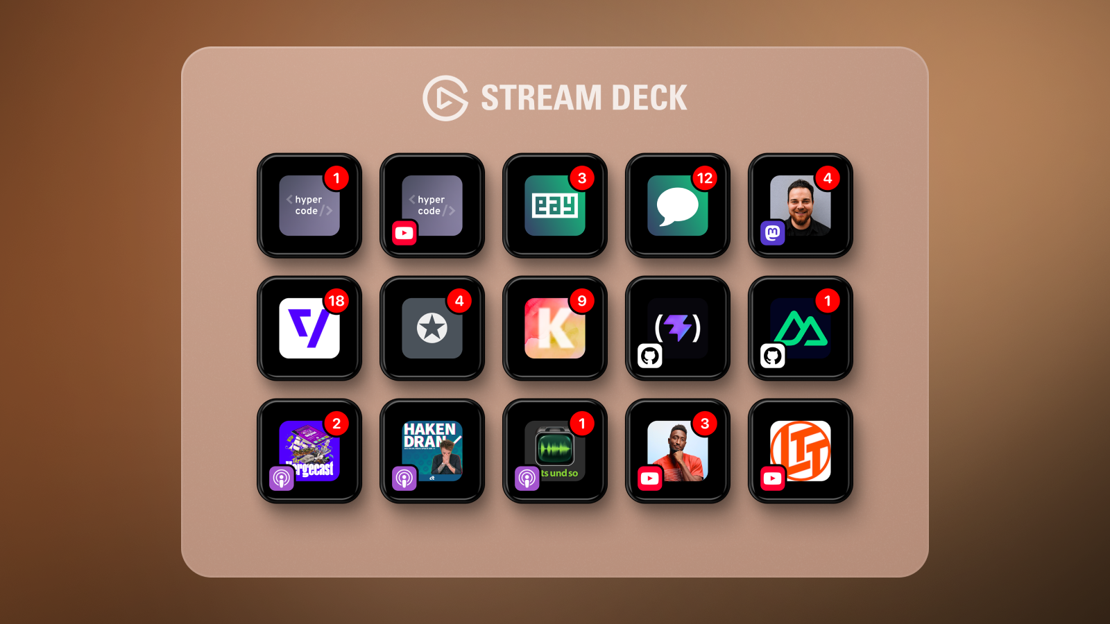 „Feed Key for Stream Deck“ auf einem Stream Deck mit 15 Tasten: Die Tasten zeigen verschiedene Feeds und Kanäle mit Vorschaubildern, Plattform-Icons und roten Zählern für neue Beiträge.