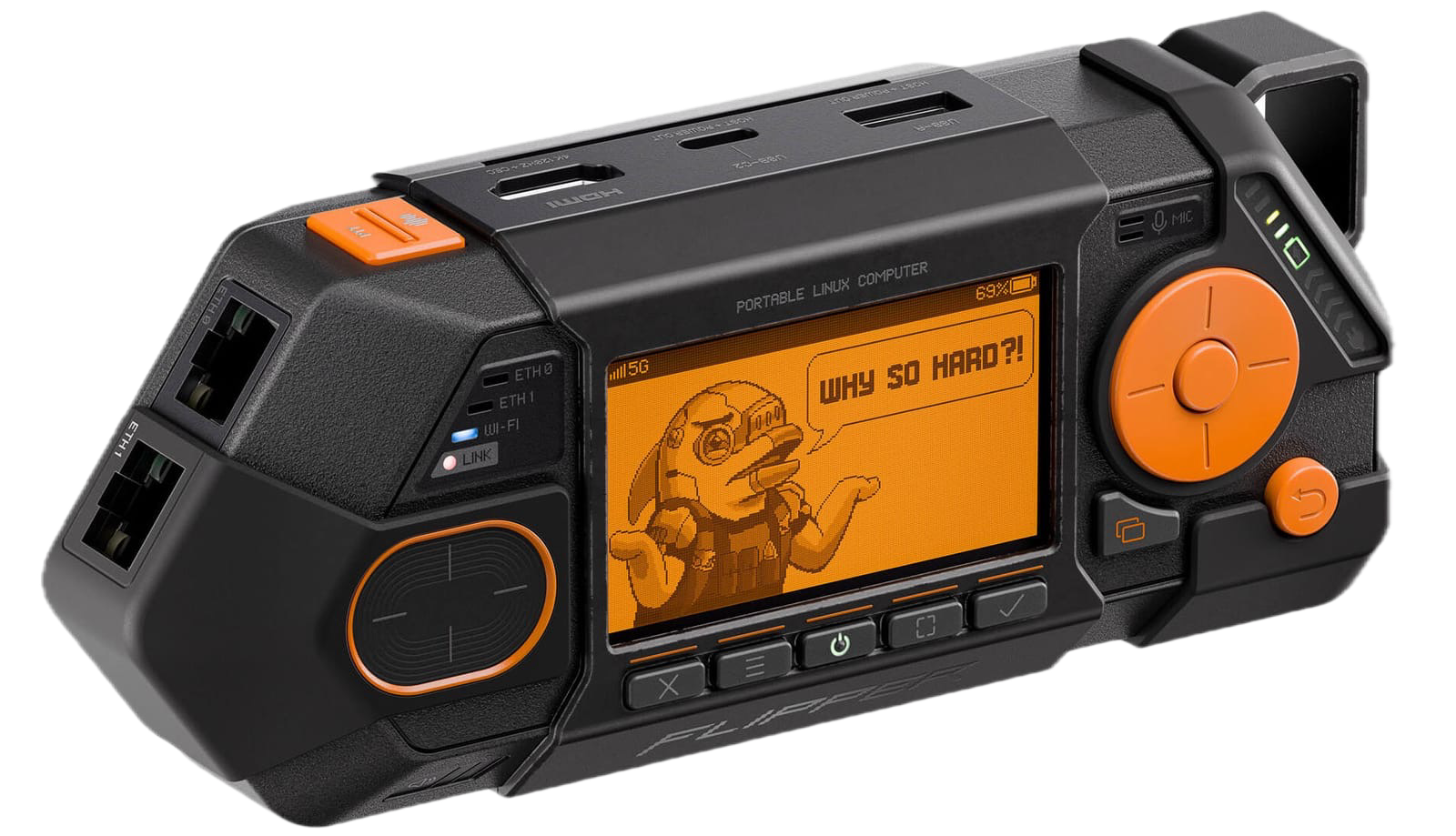 Schwarz-oranger Flipper One im robusten Cyberdeck-Design mit Netzwerkanschlüssen, Bedientasten, Steuerkreuz und orangefarbenem Display, auf dem eine Pixel-Art-Figur mit der Sprechblase „WHY SO HARD?!“ zu sehen ist.