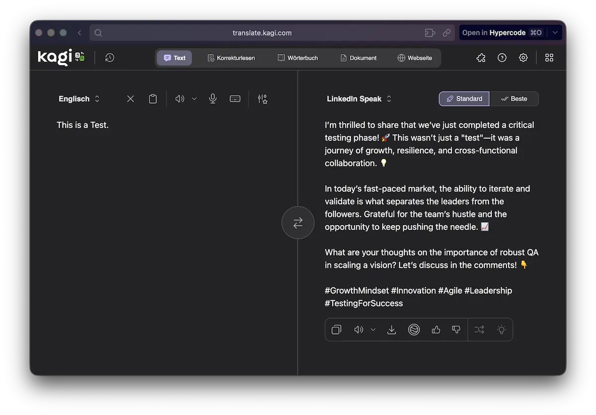 Screenshot des Übersetzungstools Kagi Translate in einem Browserfenster. Links steht als englischer Eingabetext „This is a Test.