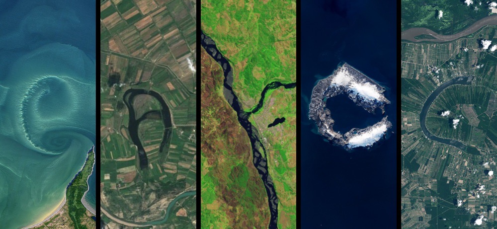 Fünf Satellitenbilder, die die Buchstaben 'e a y c c' abbilden.