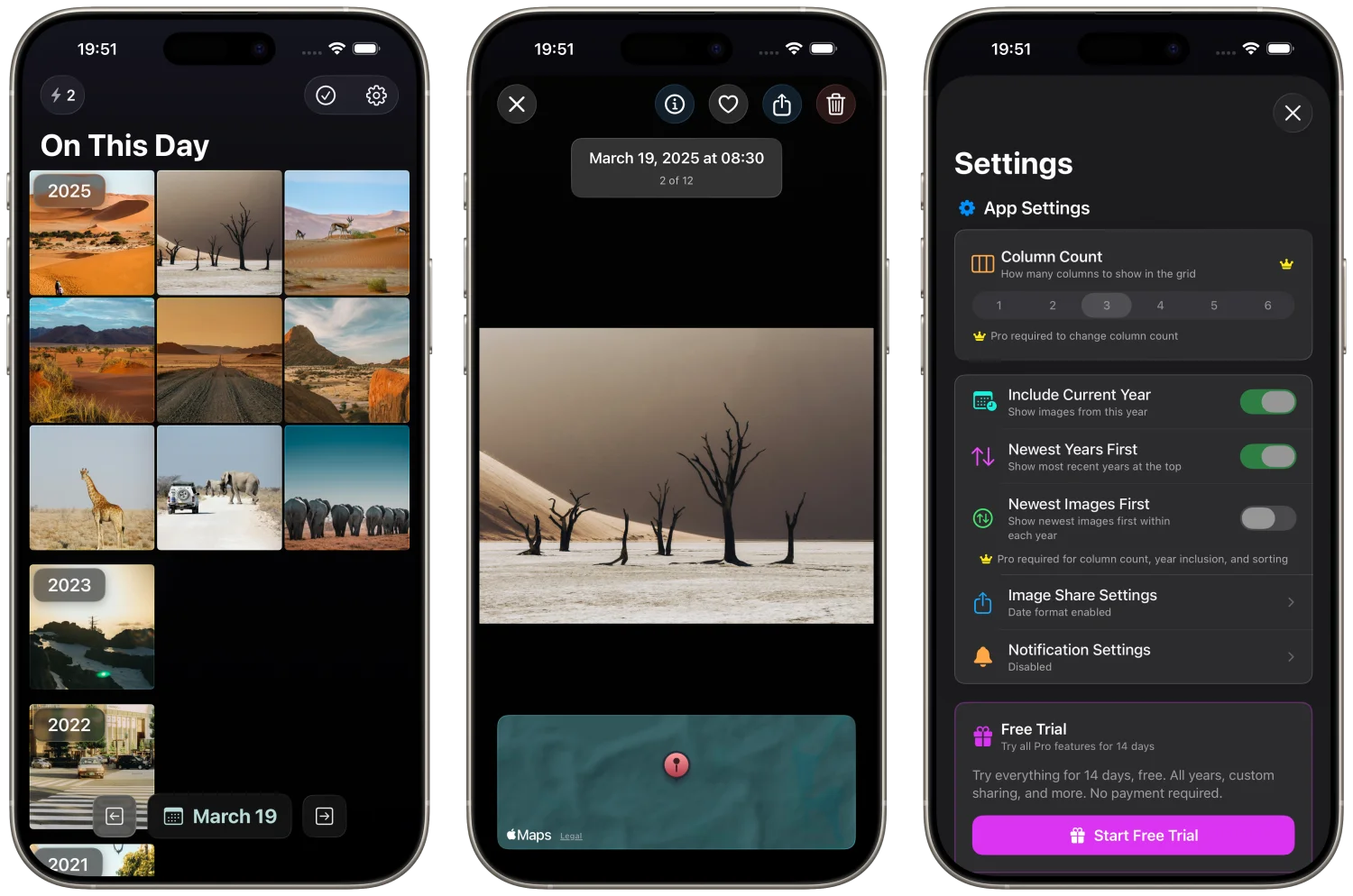 Drei nebeneinander dargestellte iPhone-Screenshots von “On This Say”. Links ist die Ansicht mit einer nach Jahren gruppierten Fotogalerie zu sehen. In der Mitte erscheint die Detailansicht eines Fotos mit Datumsangabe, großem Bild und kleiner Kartenansicht darunter. Rechts ist die Einstellungsseite mit Optionen zu Spaltenanzahl, Sortierung, Teilen, Benachrichtigungen zu sehen.