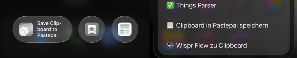 Zwei nebeneinander dargestellte iPhone-Screenshots im Dunkelmodus: Links ein Ausschnitt aus dem Control Center mit einer großen, abgerundeten Taste „Save Clipboard to Pastepal“ sowie zwei kleineren Symbol-Buttons daneben. Rechts ein Ausschnitt aus dem Menü des Action-Buttons u.a. mit dem Eintrag „Clipboard in Pastepal speichern“.
