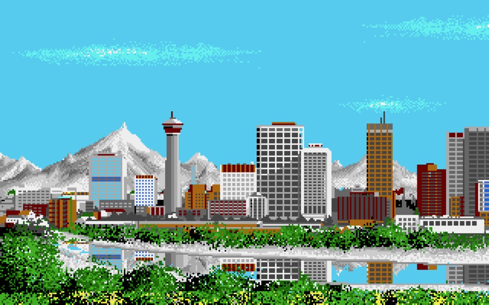 Pixelgrafik der Skyline von Calgary mit dem Calgary Tower und den Rocky Mountains im Hintergrund aus dem Amiga-Sportspiel The Games: Winter Edition (1988).