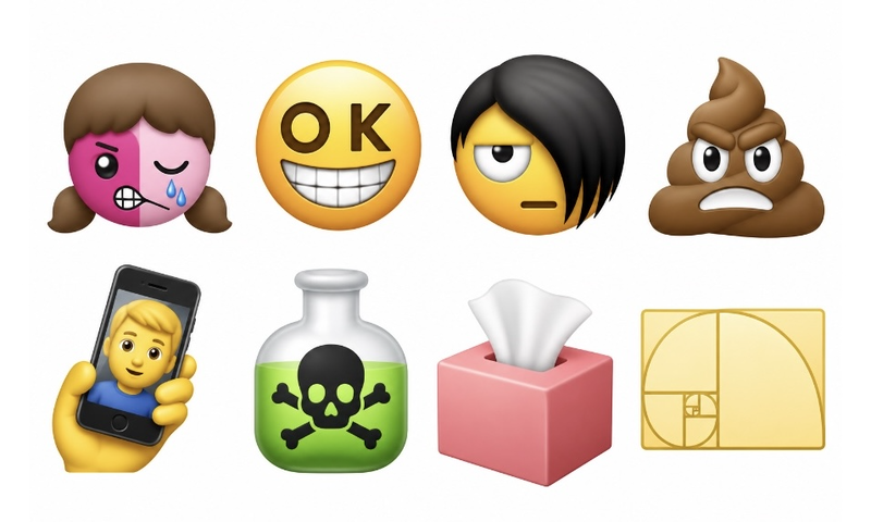 Collage aus acht verworfenen Emoji-Entwürfen, angeordnet in zwei Reihen auf weißem Hintergrund. Oben von links nach rechts: ein pinkes Mädchen-Gesicht mit asymmetrischem Ausdruck und Träne, ein grinsendes gelbes Gesicht mit dem Schriftzug „OK“ statt Augen, ein gelangweilt blickendes Emo-Gesicht mit schwarzem Pony sowie ein wütender Kackhaufen. Unten: eine Person, die ein Selfie mit einem Smartphone macht, eine grüne Giftflasche mit Totenkopf-Symbol, eine rosa Taschentuchbox und eine stilisierte Darstellung der Goldenen Spirale. Alle Emojis sind gleichmäßig groß dargestellt und im typischen plastischen Apple-Emoji-Look gestaltet.