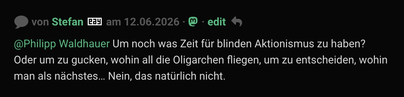 Screenshot eines per Social-Reply-Plugins veröffentlichten Antwort mit Mastodon-Link/Crosspost.