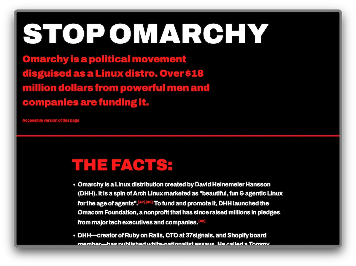 Screenshot von der 'Stop Omarchy'-Website.