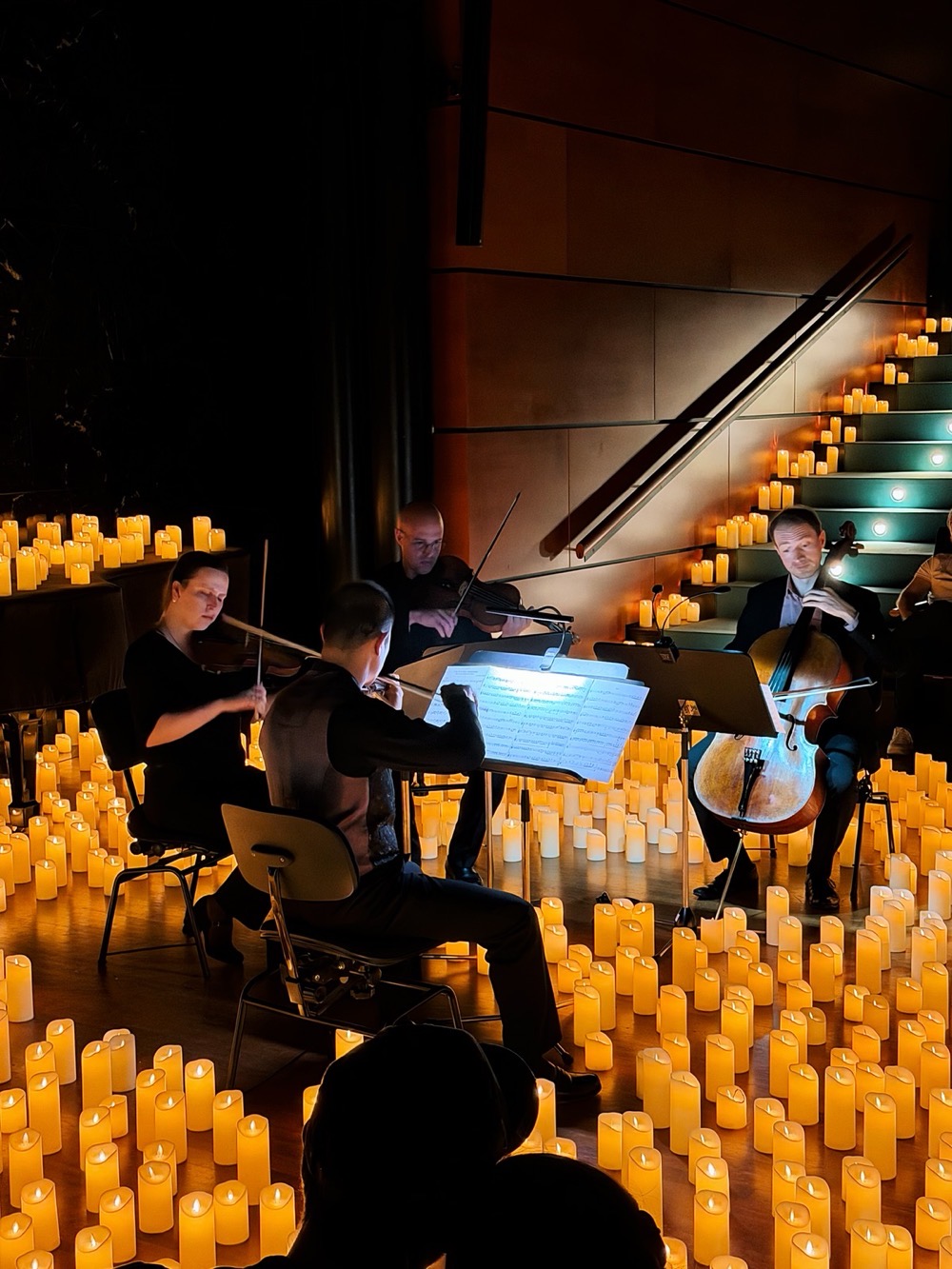 Ein Streichquartett spielt in einem abgedunkelten Raum, umgeben von hunderten warm leuchtenden Kerzen. Die Musiker*innen sitzen im Kreis, konzentriert auf ihre Notenständer, während das Kerzenlicht eine atmosphärische Konzertszene schafft.